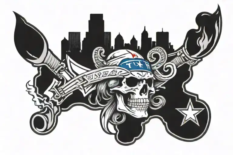 texas rangers logo behind smoking skull next to an oldschool mustang all in front of the dallas texas skyline tattoo design idea