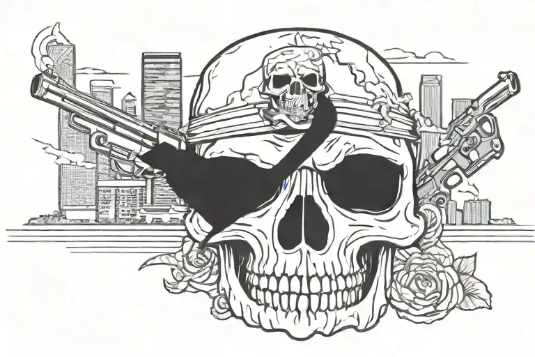 smoking skull with guns behind it over the dallas skyline with a mavs logo  tattoo design idea