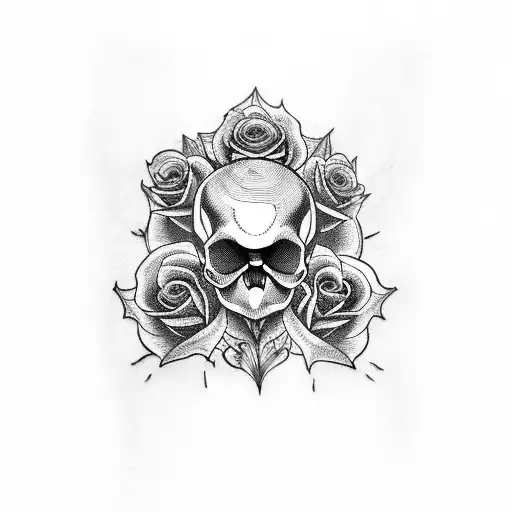 A blackwork tattoo of a skull with a rose growing from its eye socket, with the name Marwa delicately incorporated tattoo design idea