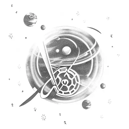 A Volkswagen GTI racing through outer space with a trail of music notes behind it tattoo design idea