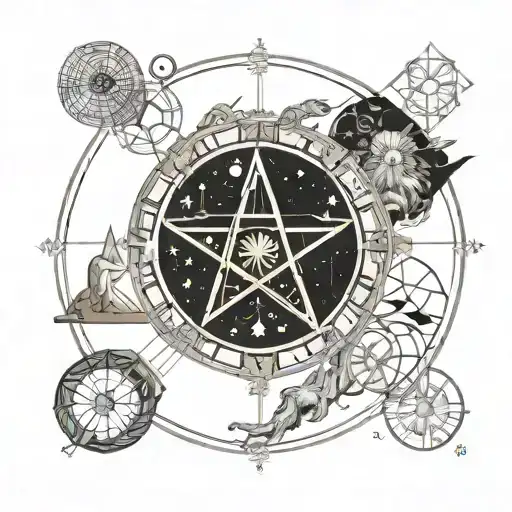 geometric composition of simbols of astrology and human evolution and god tattoo design idea