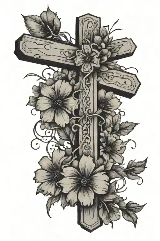 cross with wild flowers wrapped Isaiah 41:10 written on the side tattoo design idea