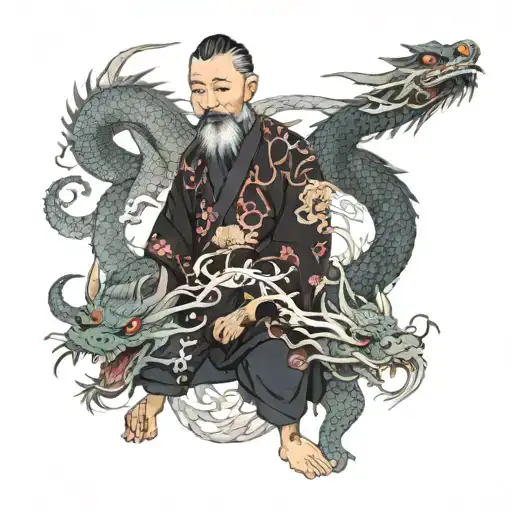 Asian teacher with white beard and 2 dragons tattoo design idea