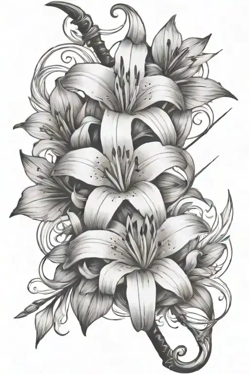 lily flower intertwined within bow and arrow going tattoo design idea