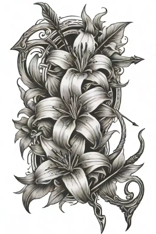lily flower intertwined within bow and arrow going tattoo design idea