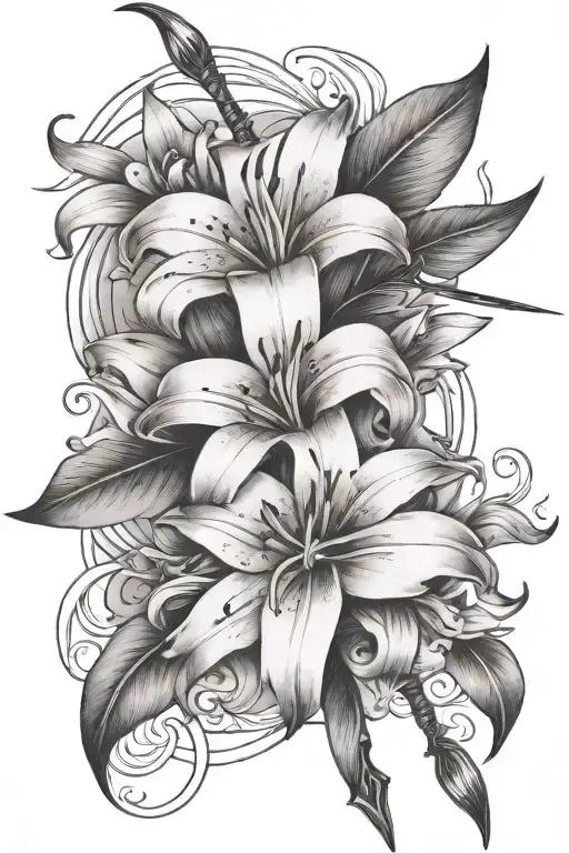 lily flower accenting within prominent  bow and arrow  tattoo design idea