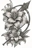 lily flower intertwined within bow and arrow surrounded tattoo design idea