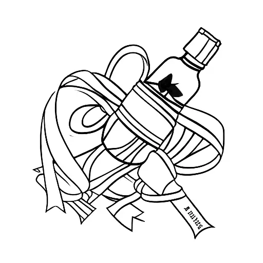 A minimalist wine bottle with a pink ribbon tied around it, symbolizing elegance and femininity tattoo design idea