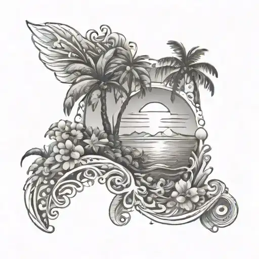 A Hawaiian ocean scene tattoo design with a focus on tiki culture and Maui Hawaii, using a dotwork style tattoo design idea