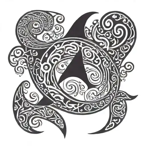 whale tail incorporating koru, waves, shark teeth, and plumeria inside; show the tail with the body entering the ocean  tattoo design idea