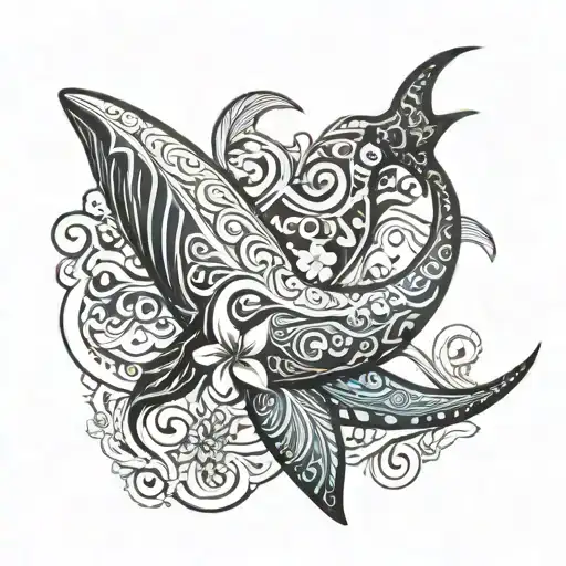 tribal whale tail with koru, waves, shark teeth, and plumeria tattoo design idea