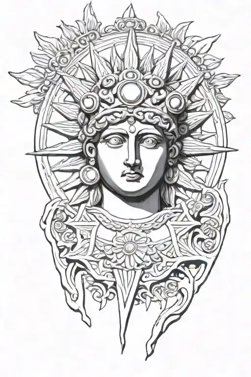 Sun and eyes with  greek statue  tattoo design idea