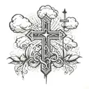 cross and praying hands clouds surrounding and name and bible verse  tattoo design idea