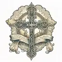 cross and praying hands clouds surrounding and name and bible verse  tattoo design idea