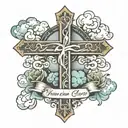 cross and praying hands clouds surrounding and name and bible verse  tattoo design idea
