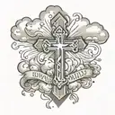 cross and praying hands clouds surrounding and name and bible verse  tattoo design idea