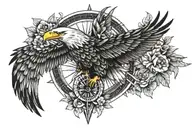 Eagle flying over a compass surrounded by flowers  tattoo design idea