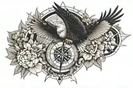 Eagle flying over a compass surrounded by flowers  tattoo design idea