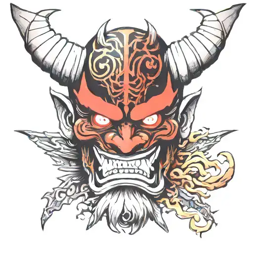Japanese oni mask cracked in half tattoo design idea