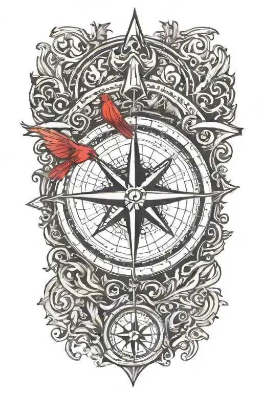 A compass rose design with music symbols as the cardinal directions, representing the client's passion for exploration through hiking and music tattoo design idea