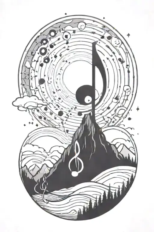 A cosmic music note blending into a mountain landscape tattoo design idea