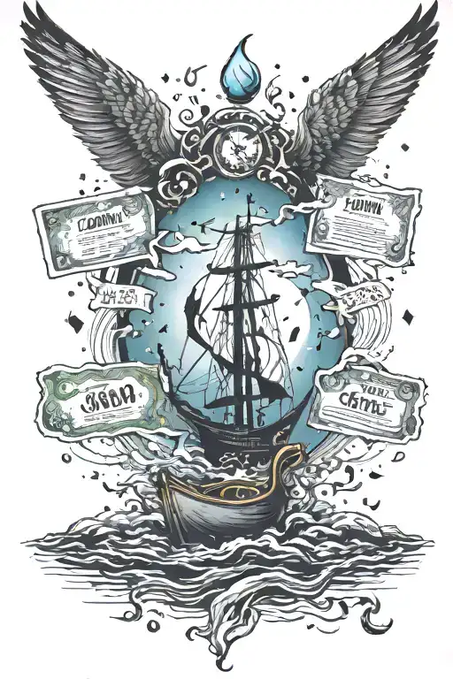 A cosmic ocean scene with money floating in the water and music notes in the sky tattoo design idea