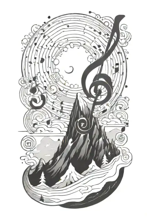 A cosmic music note blending into a snowy mountain landscape tattoo design idea