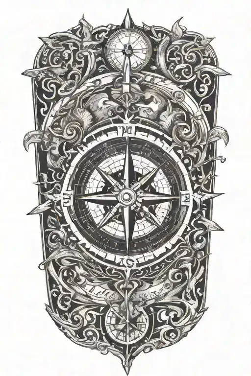 A compass rose design with music symbols as the cardinal directions, representing the client's passion for exploration through hiking and music tattoo design idea