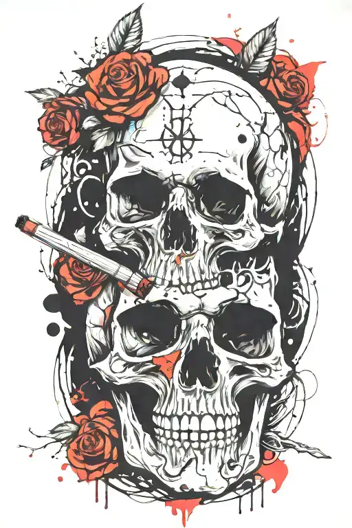 skull smoking blunt and roses tattoo design idea