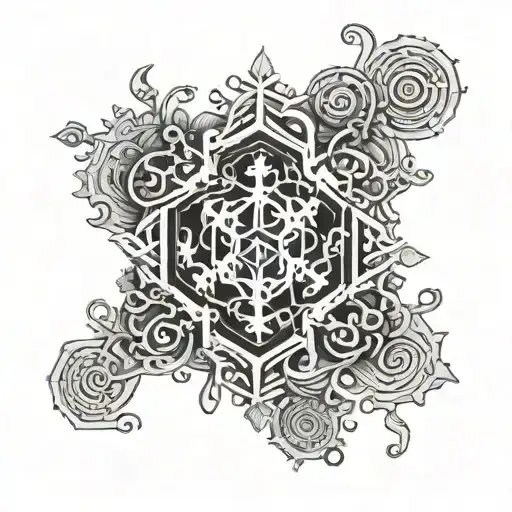 A snowflake made of money symbols with a musical staff running through it tattoo design idea