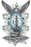 A cosmic ocean scene with money floating in the water and music notes in the sky tattoo design idea