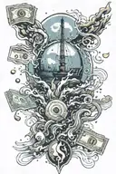 A cosmic ocean scene with money floating in the water and music notes in the sky tattoo design idea