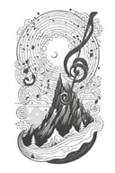 A cosmic music note blending into a snowy mountain landscape tattoo design idea
