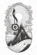 A cosmic music note blending into a snowy mountain landscape tattoo design idea