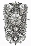 A compass rose design with music symbols as the cardinal directions, representing the client's passion for exploration through hiking and music tattoo design idea