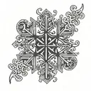 A snowflake made of money symbols with a musical staff running through it tattoo design idea