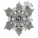 A snowflake made of money symbols with a musical staff running through it tattoo design idea