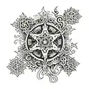 A snowflake made of money symbols with a musical staff running through it tattoo design idea