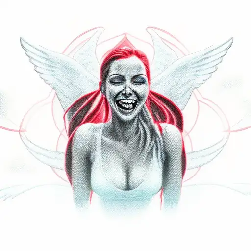 red girl laughing and making yoga with angels and demons  tattoo design idea