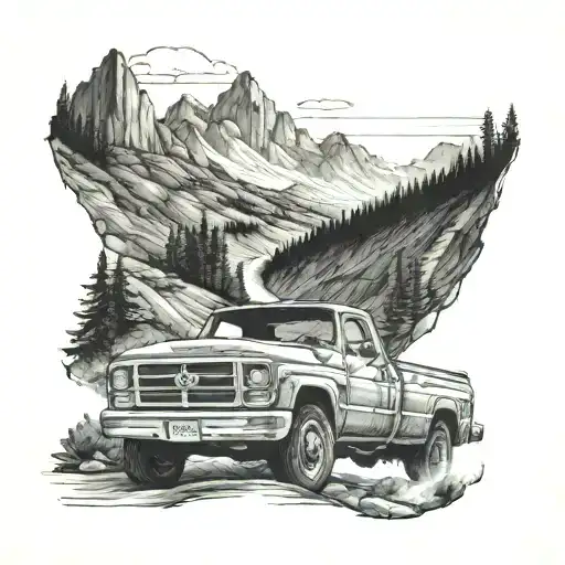 A detailed tattoo of a truck driving through a scenic mountain road, with a cat riding shotgun in the passenger seat tattoo design idea