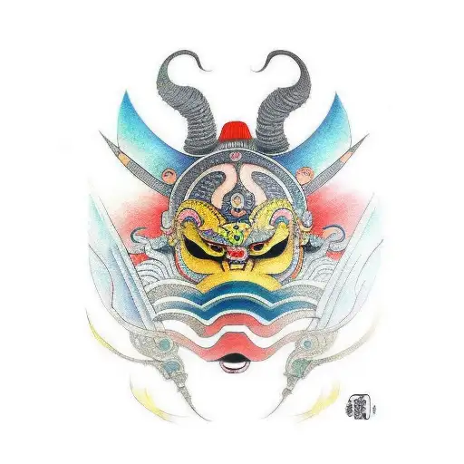 colored samuri mask  tattoo design idea