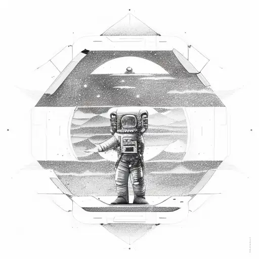 astronauta flotando en el espacio con un portal delante. Detalles precisos del traje,  portal iridisciente tattoo design idea