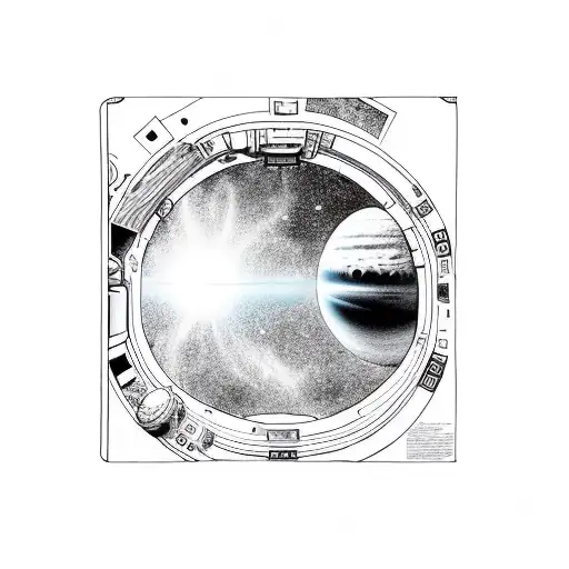astronauta flotando en el espacio con un portal delante. Detalles precisos del traje,  portal iridisciente tattoo design idea