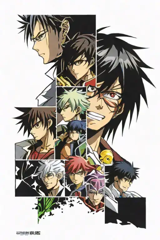 Collage from anime code geass, dragonball, attack on titan, one piece, ghost in the shell, gintama tattoo design idea