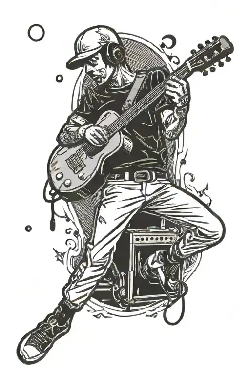 A baseball player swinging a guitar instead of a bat, with a camera hanging from their neck tattoo design idea
