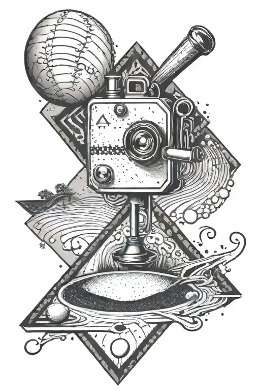 A baseball diamond with musical notes as the bases and a camera as the pitcher's mound tattoo design idea