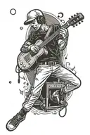 A baseball player swinging a guitar instead of a bat, with a camera hanging from their neck tattoo design idea