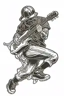 A baseball player swinging a guitar instead of a bat, with a camera hanging from their neck tattoo design idea