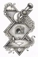 A baseball diamond with musical notes as the bases and a camera as the pitcher's mound tattoo design idea