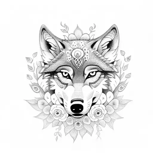 A dotwork tattoo of a wolf surrounded by blooming flowers, symbolizing the client's favorite things and their connection to nature. tattoo design idea